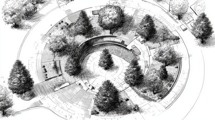 Fototapeta premium Circular landscape architecture concept illustrating sustainable urban park design, featuring an intricate aerial blueprint with trees, pathways, and seating areas