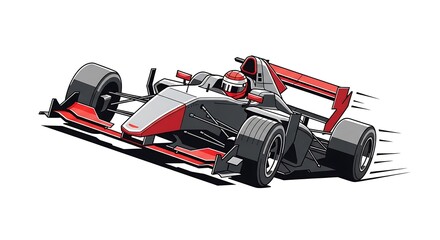 Fototapeta premium Graphic depiction of a sleek, aerodynamic racing vehicle with a driver, in motion, against a white background, speed lines