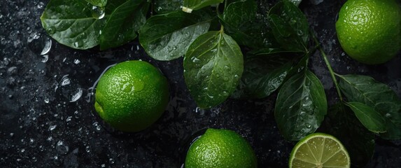 Dark background showcasing fresh organic limes with water beads