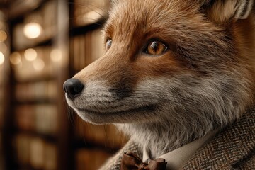 Fototapeta premium Close-up of a sophisticated fox wearing a suit and bow tie, surrounded by a vintage bookshelf in an old library, capturing a whimsical and elegant scene.