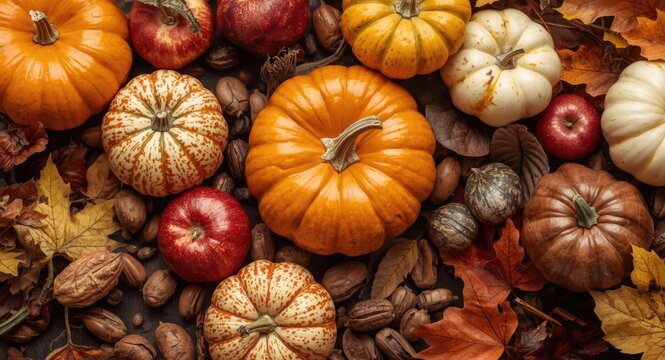 Cozy autumn centerpiece including pumpkins apples nuts and multicolored leaves