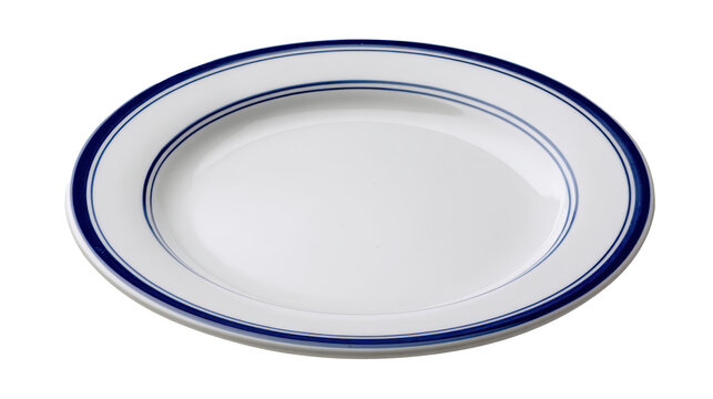White ceramic plate with blue rim and double line detail, creating a clean dining background, isolated on a transparent alpha channel, essential kitchenware for serving food