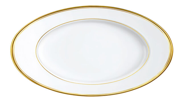 White oval porcelain serving platter with elegant gold rim and inner trim, perfect for gourmet presentations, catering or refined home entertaining, isolated on transparent background