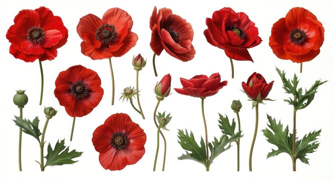 botanical collection of red anemone blossoms in assorted bloom stages set against white background