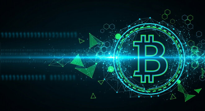 Glowing blue bitcoin symbol with green neon shapes and lines on dark background representing cryptocurrency and digital finance concepts
