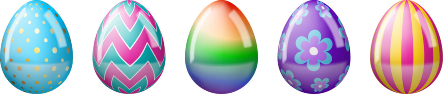 seto of isolated easter eggs. glossy and colorful easter eggs with different patterns