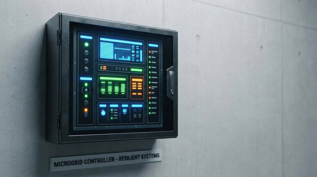 Futuristic control panel energy resilience microgrid controller digital display futuristic control panel on concrete wall