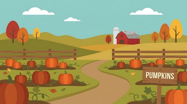 Vibrant Autumn Pumpkin Patch Landscape Scene.