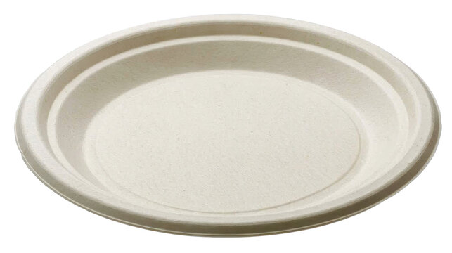 Round disposable plate crafted from bagasse material, emphasizing eco friendly solutions and sustainability in catering and everyday use, having a transparent background