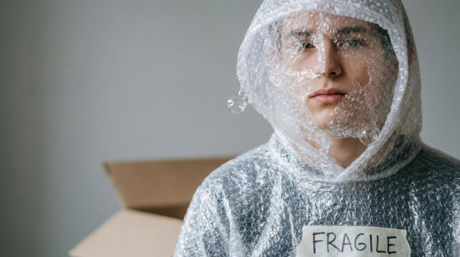 Gen z mental balance concept portrait, young adult man wrapped in bubble wrap with fragile label near cardboard box, metaphor for anxiety protection and emotional vulnerability tension