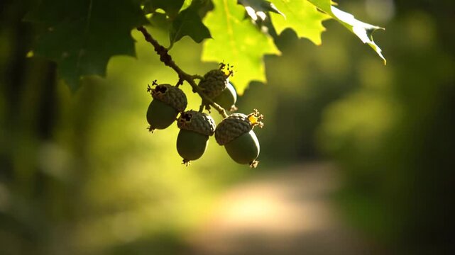 Oak acorns on branch bokeh.