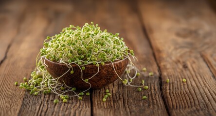 Closeup shot of a wooden bowl filled with healthy alfalfa sprouts on a natural timber surface