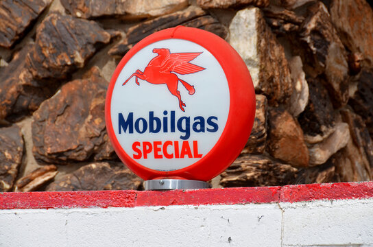 WILLIAMS ARIZONA: Mobilgas gas pump sign in Williams Arizona. Mobil known as the Socony Oil Company, was a major American oil company  merged with Exxon to form ExxonMobil 
