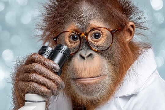 Close-up of a smart orangutan wearing glasses and a lab coat while using a microscope, showcasing intelligence and scientific curiosity for educational content.