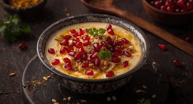 Authentic dahi bhalla street snack featuring creamy dahi, tamarind syrup, and pomegranate seeds