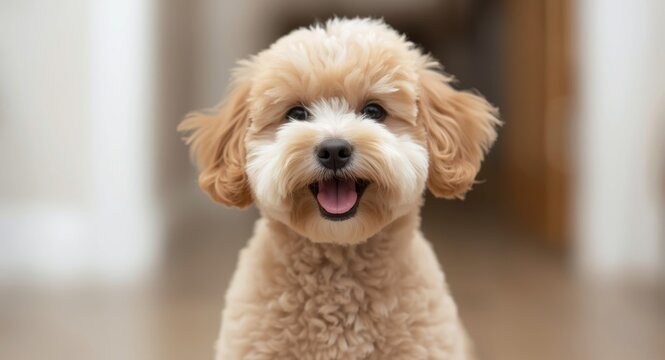 Cute Maltese Poodle hybrid dog posing happily indoors