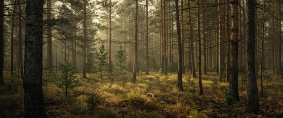 Fototapeta premium Early spring forest with young conifer trees and soft light