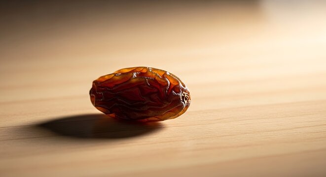 Close up of a dried raisin isolated against a wooden surface with soft lighting