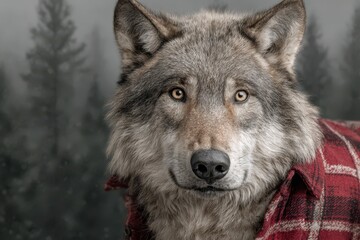 Fototapeta premium A portrait of a grey wolf in a lumberjack shirt, captured with a forest background creating a rustic and somewhat humorous image of a wild animal.
