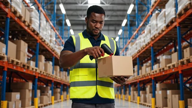 Warehouse Worker Scanning Barcode for Inventory Check in Logistics Center