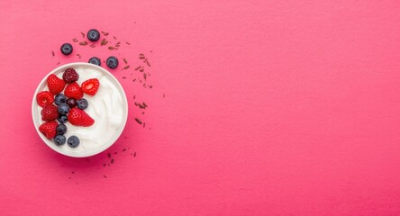 A creamy yogurt bowl adorned with fresh berry assortment on a vivid background ideal for copy space