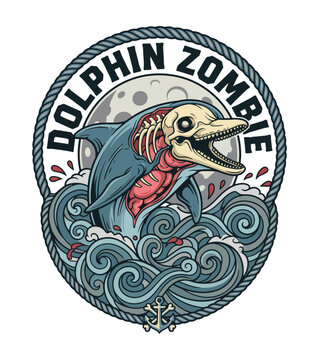 Zombie dolphin t-shirt design  jumping out of water with skull head and waves in a circular frame with rope border and anchor at the bottom T-shirt Design