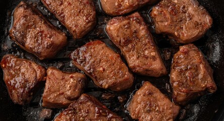 Cooked rump steak pieces seasoned with spices on a grill pan with copy space