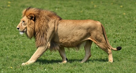 Obraz premium Calm and content lion pet Caesar walking across a vivid green grass lawn under summer skies