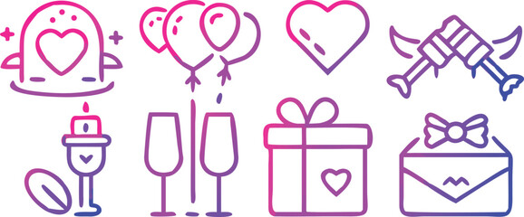 A collection of purple line art icons representing love gifts and celebratory occasions high quality professional © SarwarGfx