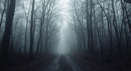 Fototapeta premium Dark woodland path covered in fog with eerie trees and Halloween vibes