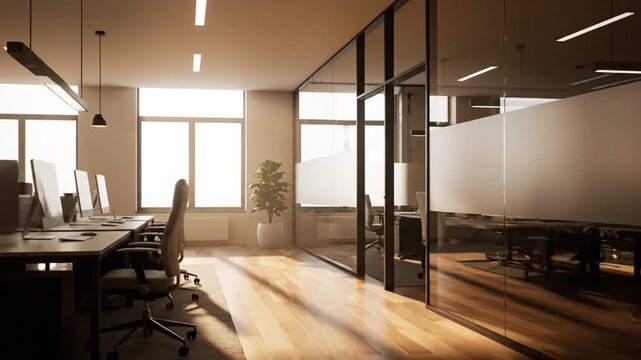 Office interior with natural light, and desks.