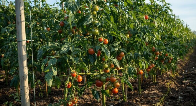 Well maintained tomato plants supported on stakes with ripe red and green tomatoes growing in a productive farm setting