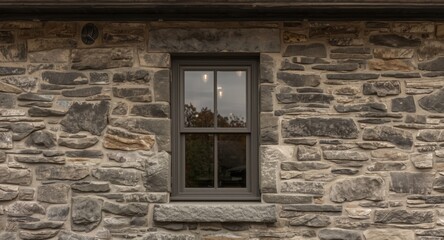 Classic rustic window detail incorporated in stone house exterior
