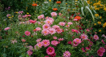 Fototapeta premium Colorful summer garden full of vibrant pink flowers and lush greenery background
