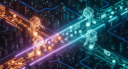 Fototapeta premium Futuristic digital network with glowing humanoid robots and neon lights