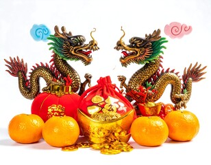 Fototapeta premium Two dragons face each other with tangerines, a red bag and gold coins on white backdrop, for a bright, festive scene