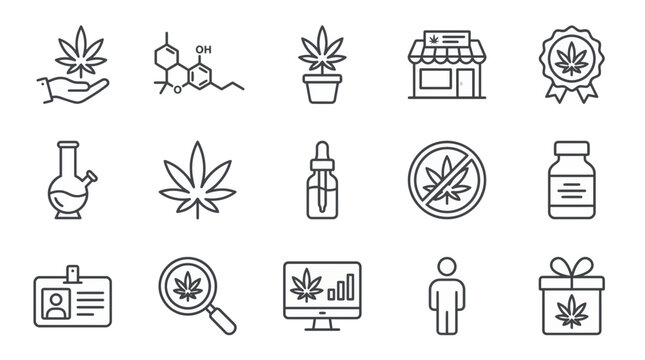 Set of line icons representing cannabis industry elements including molecular structure and dispensary storefront, concept for legal consulting, medical analysis and retail marketing