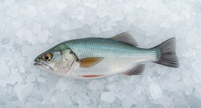 Pomatomus saltatrix bluefish laid on bed of ice with blank copy space area