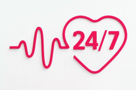 24/7 emergency services, heart rate line, medical support symbol, red icon on white background