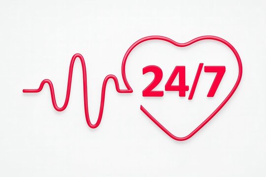 24/7 emergency services symbol, red heartbeat line in a heart shape