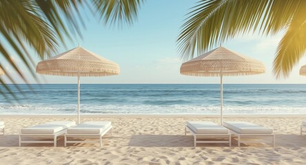 Chic beach club layout including white sun loungers, macrame umbrella shades, ocean backdrop, and food service area