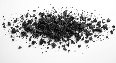 Black coal debris isolated from above against a smooth white surface