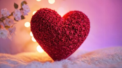Obraz premium Red Glitter Heart on Soft Pink Background