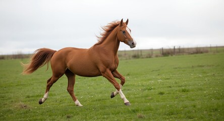 A joyful sorrel horse dashing across a bright green grassy meadow with a gentle overcast sky