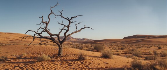 Desert landscape showcasing a dying tree in focal point