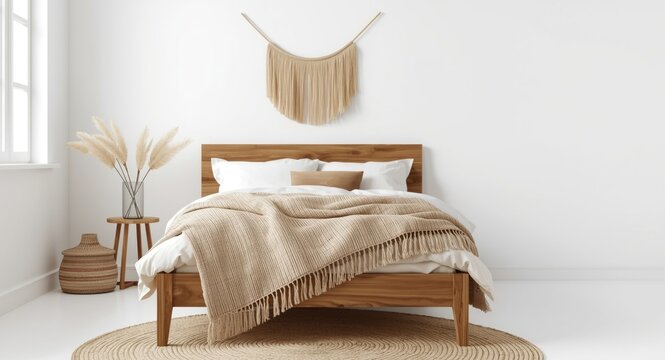 Boho chic bedroom mockup with wooden bed, beige fringed coverlet and pampas decoration on white backdrop