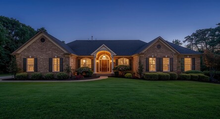 Obraz premium Elegant single story ranch style home exterior glowing in twilight light