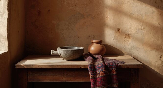 Classic Mexican cooking corner showing stone comal and molcajete with handcrafted clay pot and patterned fabric over wooden surface