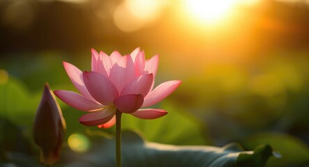 Obraz premium Beautiful lotus flower blossoming under warm sunlight