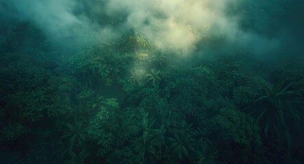 overhead photo highlighting thick tropical greenery with teal hues and misty cloud forest mood
